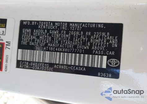 2008 Toyota Camry Se из США, поврежденный, VIN 4T1BE46K88U777701